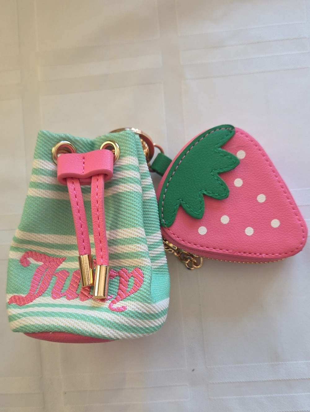 Juicy Couture Pink & Mint Strawberry Coin Purse with Striped Drawstring Bag